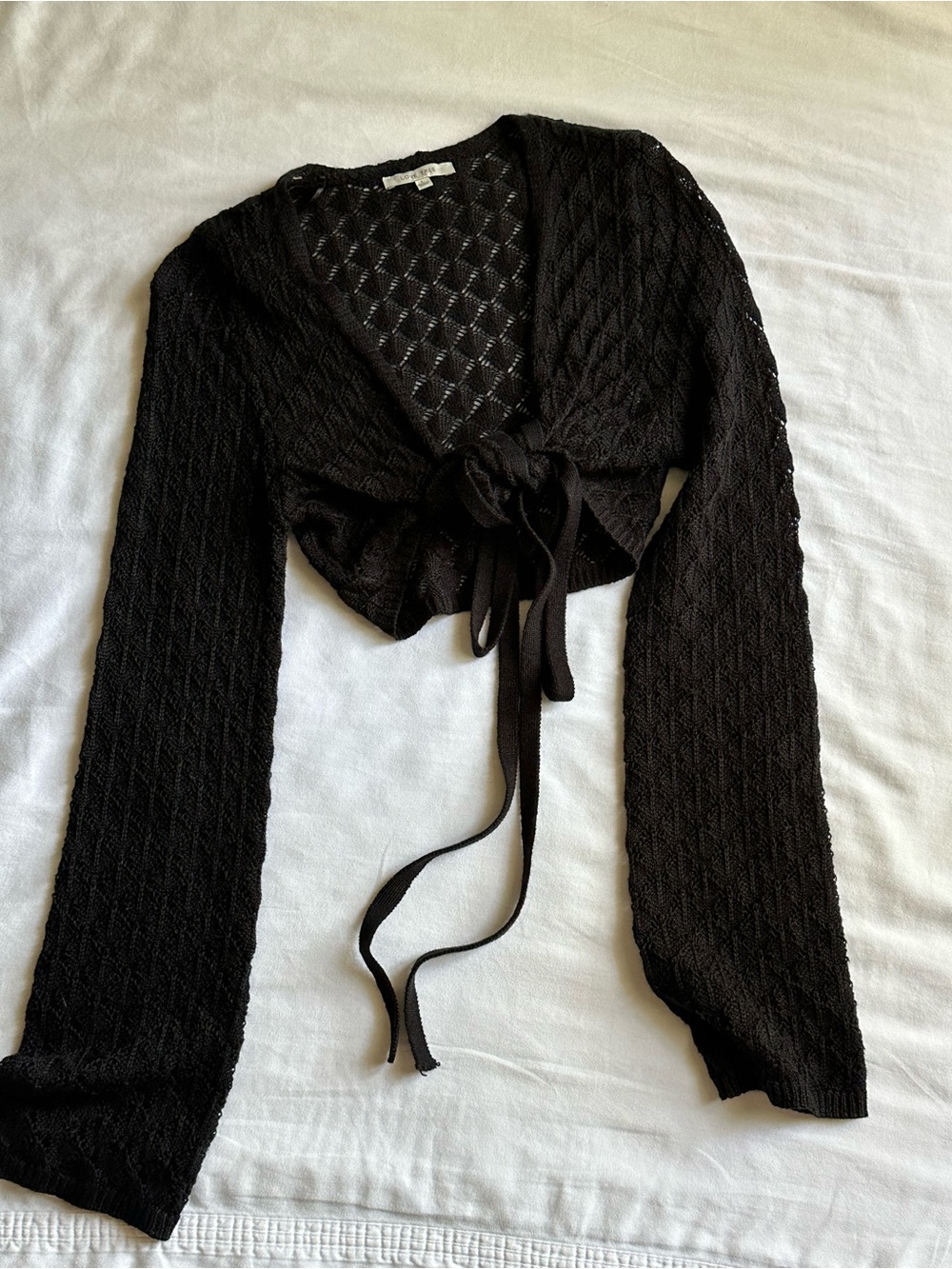 Black Knitted Cropped Wrap Top with Bell Sleeves